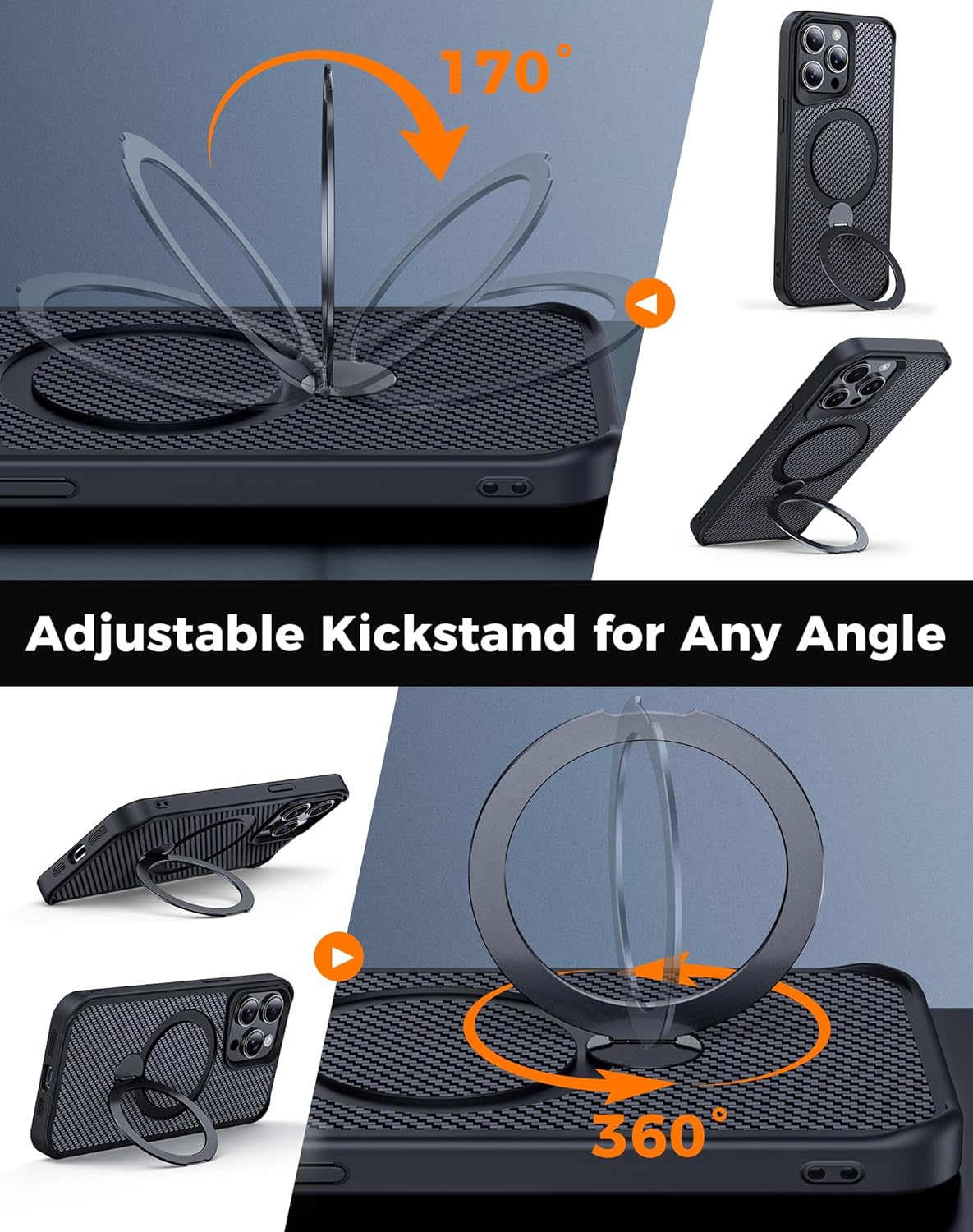 FlyReal Designed for iPhone 15 Pro Max Case with 360° Magnetic Stand, Carbon Fiber Phone Case [Compatible with Magsafe] [16FT Military Protection] with Stand Ring 6.7'', Black